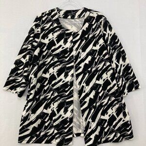 Slinky Brand size 1X Black White Abstract Stretch Pockets Open 3/4 Sleeve Jacket